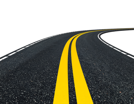 Stock photo of asphalt road with yellow lines curve perspective on transparent background