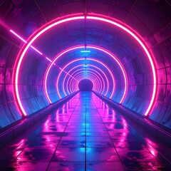 Futuristic tunnel bathed in neon pink and blue light