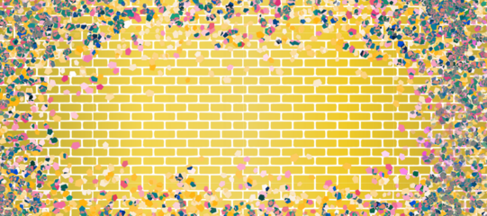 Yellow brick wall pattern in the center, surrounded by a border of colorful confetti. The confetti includes shades of blue