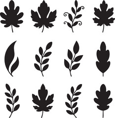Black Leaf Silhouette Icon Set – Assorted Botanical Foliage and Plant Silhouettes