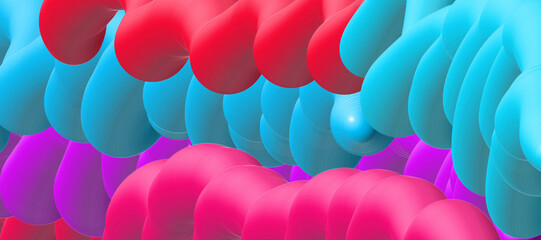 Abstract 3D design featuring intertwined, balloon-like structures. The composition showcases vibrant hues of red, blue, and pink