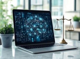 Laptop displaying digital network next to brass scales of justice computer screen