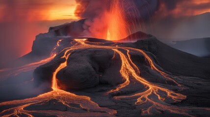 Dramatic volcanic eruption with flowing lava at sunset creates a fiery scene