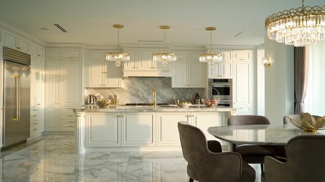 Elegant Luxury Kitchen Design with Marble Countertops, Modern Appliances and Exquisite Lighting