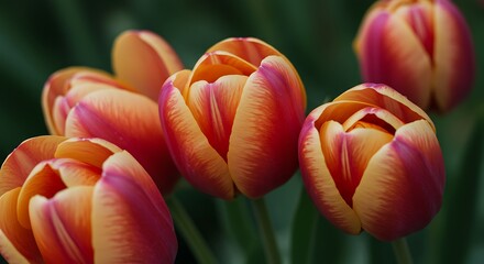 Close up of vibrant orange and red tulip flowers in natural sunlight