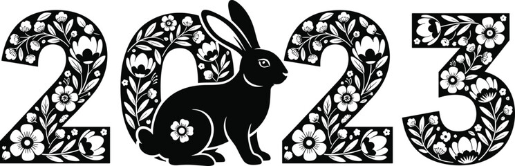 Floral 2023 rabbit design vector, Chinese zodiac year of the rabbit illustration, decorative bunny silhouette, oriental pattern art, spring new year celebration