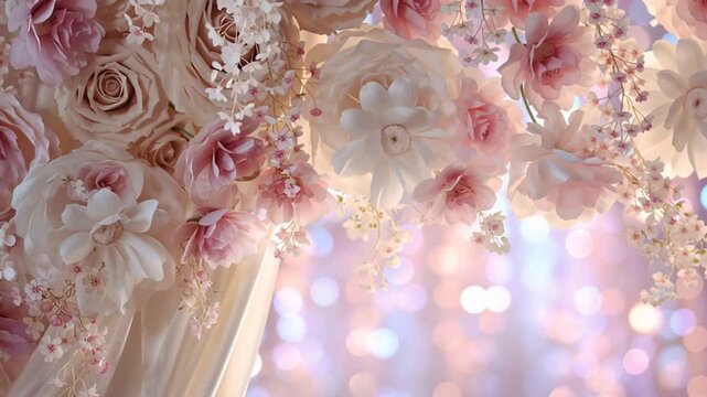 Floral wedding backdrop flowers pink bokeh decoration celebration event romance blossom love light