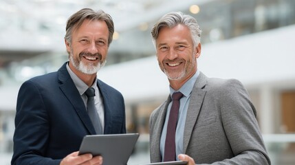 Successful Collaboration: Two seasoned professionals, poised and polished, stand side-by-side. Their genuine smiles convey confidence, trust, and shared accomplishment in a modern office environment.