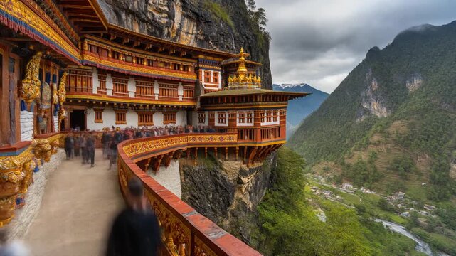 A time-lapse video of the amazing Paro Taktsang (Tiger's Nest) Monastery in Bhutan, built precariously on a cliff, with blurred motion of walking visitors.