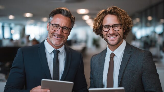 Confident Business Partners: Two well-dressed gentlemen in eyeglasses, exuding confidence, pose side-by-side, conveying an image of collaboration, unity, and success. 