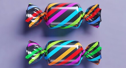 Two Glossy Black Candies with Diagonal Rainbow Stripes 3D Render