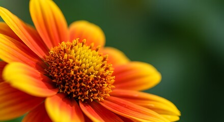 Close up of vibrant orange and yellow flower with green background