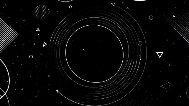Abstract black background with circles triangles lines geometric shapes pattern design art texture modern