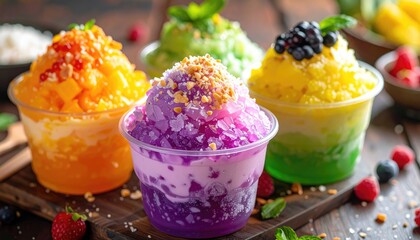 Refreshing and vibrant shaved ice desserts arranged in clear cups, showcasing an array of delicious flavors and toppings