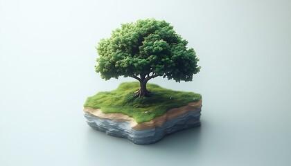 Miniature floating island with lush green tree and layered earth diorama