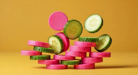Balanced Stacks of Cucumber Slices and Pink Macarons on Yellow Background