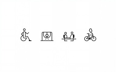 Adaptive Sports Icons. Line style icons of adaptive sports: wheelchair basketball, goalball player, inclusive gym, adapted bike. High quality