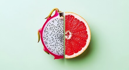 Creative Fusion of Dragon Fruit and Grapefruit Slices on Mint Background