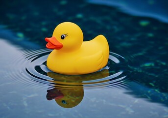 Cute Yellow Rubber Duck Floating on Dark Blue Water Making Ripples