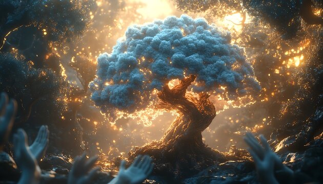 Mystical glowing tree with outstretched hands in ethereal forest fantasy magic
