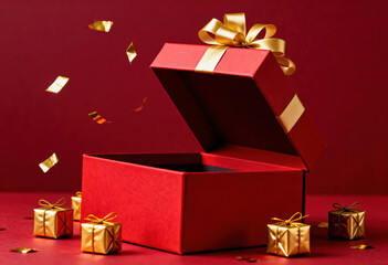 Red christmassy holiday gift box with golden ribbon opening against red decor layout with small golden decor boxes