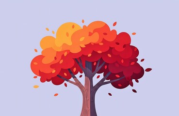 Fall season illustration of a bright autumn tree with colorful orange and red leaves