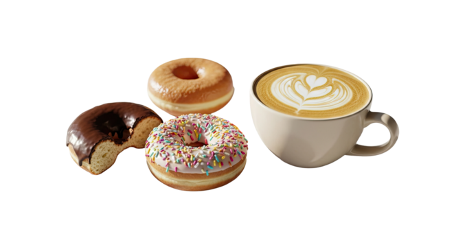 Cinematic Shot Latte Cup and Donuts on Smooth White Layout