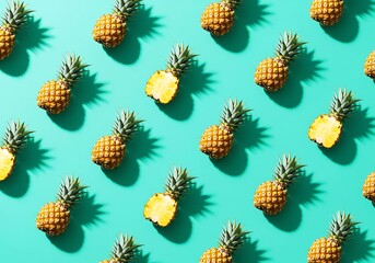 Pineapple Tropical Fruit Seamless Pattern on Bright Turquoise Summer Background