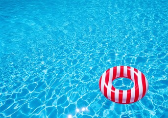 Red and White Striped Inflatable Ring Floating on Bright Blue Pool Water