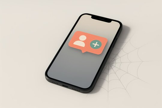 A smartphone receiving a new contact request beside a spiderweb, symbolizing hidden traps, online deception, scam attempts, and suspicious approaches disguised as friendly notifications.