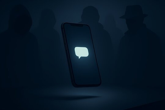 A glowing phone displaying a message icon surrounded by shadowy figures, illustrating the danger of suspicious texts, online deception, and hidden digital threats in dark atmospheric style.