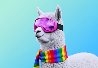 Skiing Llama with Rainbow Scarf and Pink Goggles Ready for Winter Sports