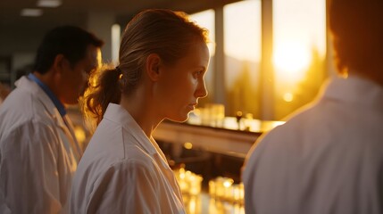 Scientists in lab coats working diligently in a laboratory during the warm glow of twilight