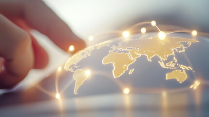 A hand interacting with a glowing digital globe, representing global connectivity and advanced technology in the digital age.