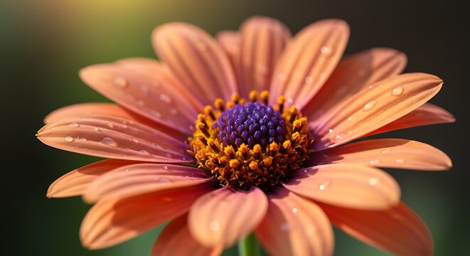 Close up of vibrant orange daisy flower with a purple center and water droplets