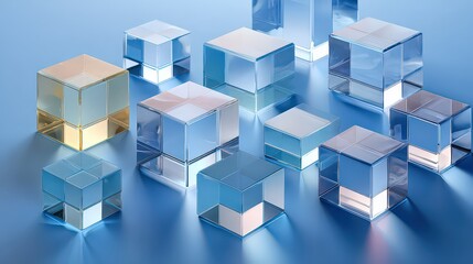 Fototapeta premium Abstract Composition of Geometric Glass Cubes with Varying Tones on a Blue Surface