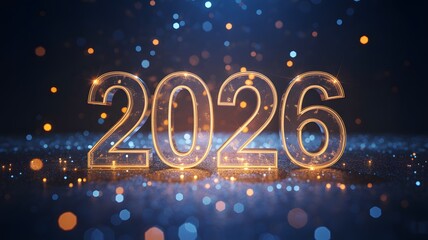 Glowing golden 3D number 2026 with bokeh lights background, representing New Year celebration, success, hope, and futuristic festive design concept