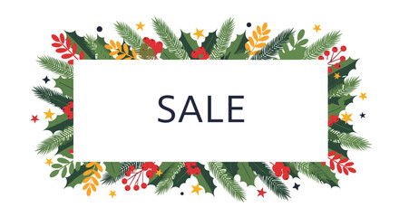 Holiday sale announcement with festive floral frame and stars, perfect for Christmas promotions, discounts, and seasonal marketing campaigns this year