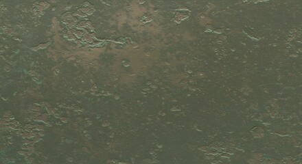 Greenbrown textured surface with raised edges and scattered small craters resembling aged weathered metal