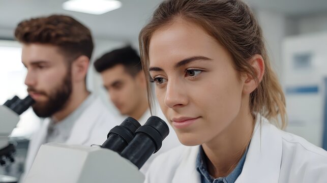 Young scientists collaborating in a modern laboratory intently observing experiments through microscopes