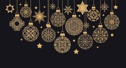 Elegant gold Christmas ornaments and stars on black create a festive holiday feel for your seasonal designs and greetings, offering sophistication.