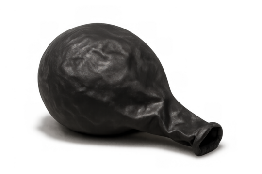 Deflated black balloon indicating sadness, disappointment, and the end of a celebration on transparent background