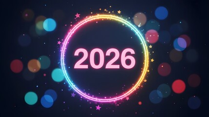 Glowing neon circle with 2026 text on dark bokeh background, futuristic celebration design for Happy New Year, digital art, and modern festive concept