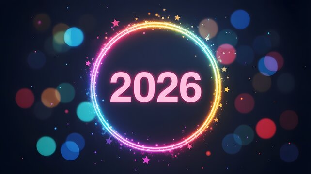Glowing neon circle with 2026 text on dark bokeh background, futuristic celebration design for Happy New Year, digital art, and modern festive concept - Powered by Adobe