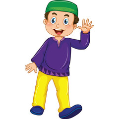 Smiling Cartoon Boy Wearing Green Cap Purple Tunic Yellow Pants and Blue Shoes Waving Hand on Transparent Background