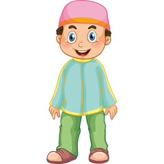 Smiling Cartoon Boy Wearing A Light Blue Shirt Pink Cap And Green Pants Standing Isolated On White Background
