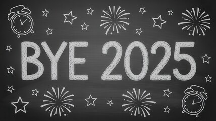 Chalkboard illustration says goodbye to 2025 with clocks, stars, and fireworks
