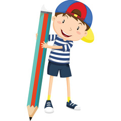Smiling cartoon boy in a blue and white striped t-shirt and navy shorts wearing a blue baseball cap holding a large teal and orange pencil against a white background