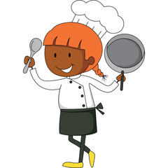 Smiling Cartoon Chef Character With Red Hair Wearing A White Uniform Holding A Frying Pan And Spoon...