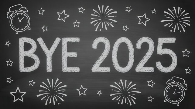 Chalkboard illustration says goodbye to 2025 with clocks, stars, and fireworks